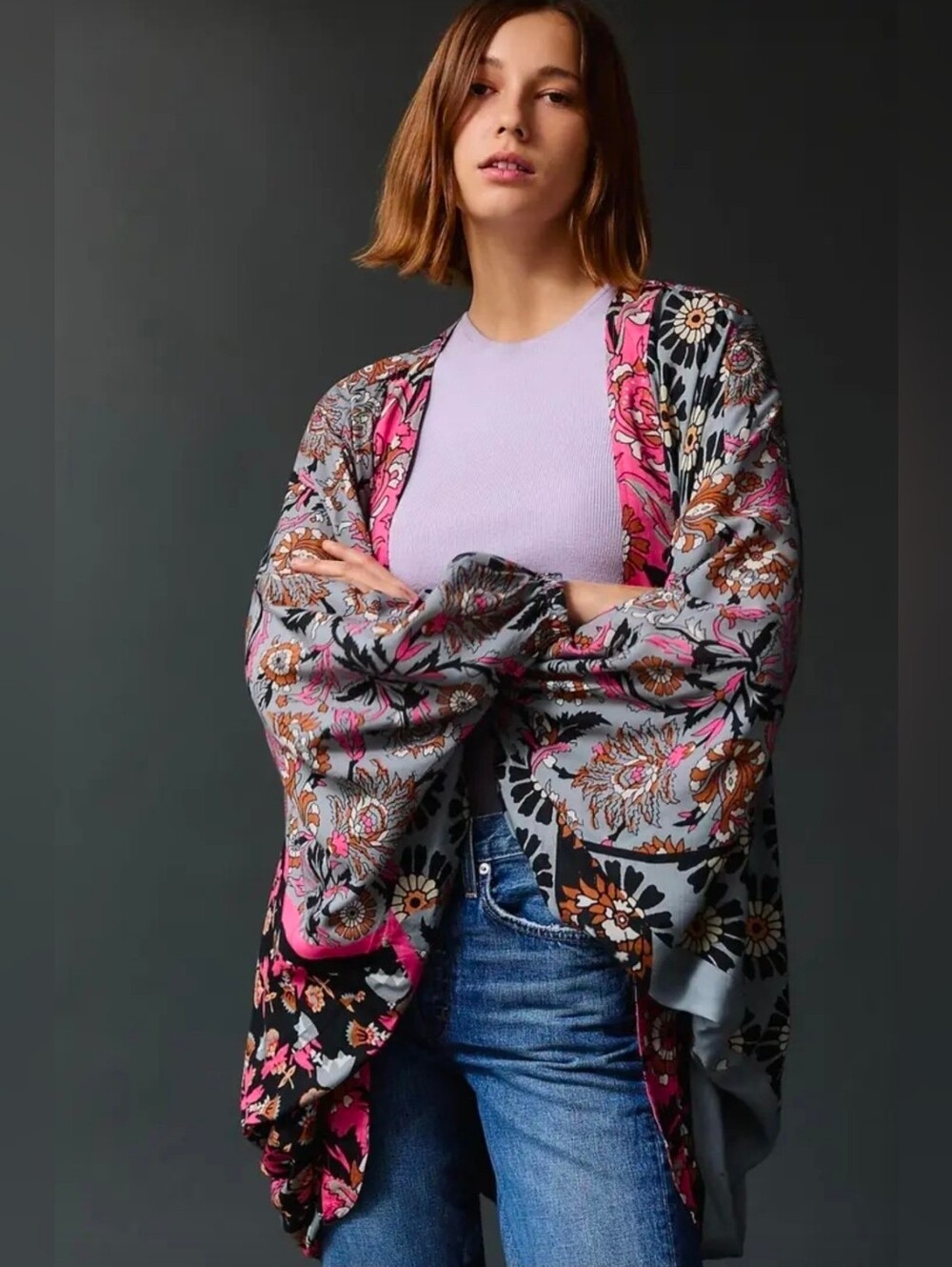 Anthropologie Simona Kimono Mixed Floral Print Pink One Size NIP$150